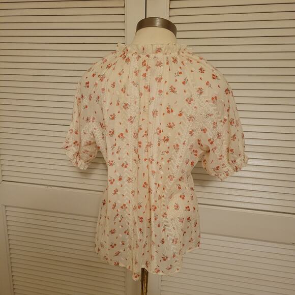 Floral Print Ruffle Trim Embroidered Button Front Blouse Ivory Womens Size 4-6 - Picture 2 of 8